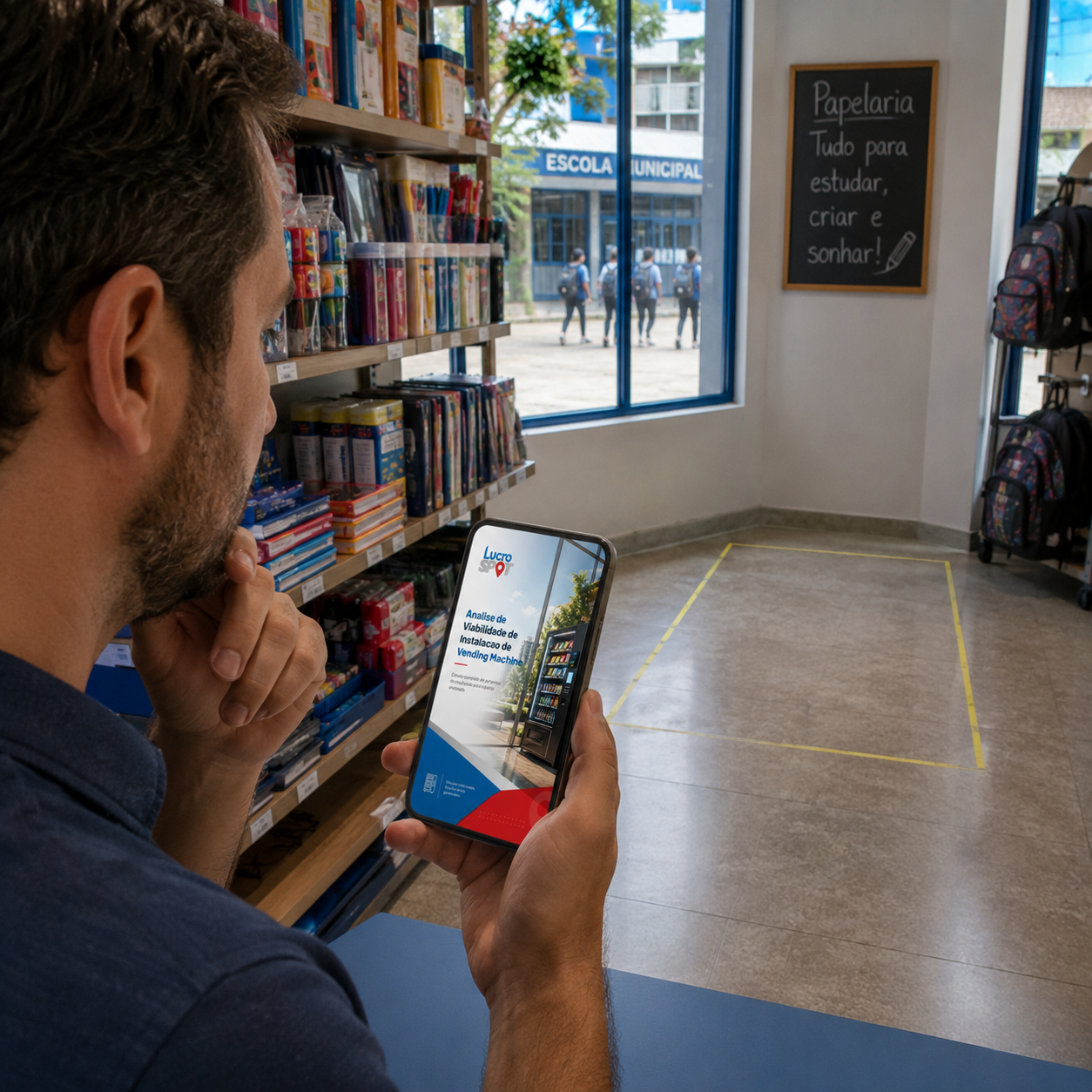 Relatório de Análise de Viabilidade do LucroSpot sendo visualizado no celular dentro de um ponto comercial