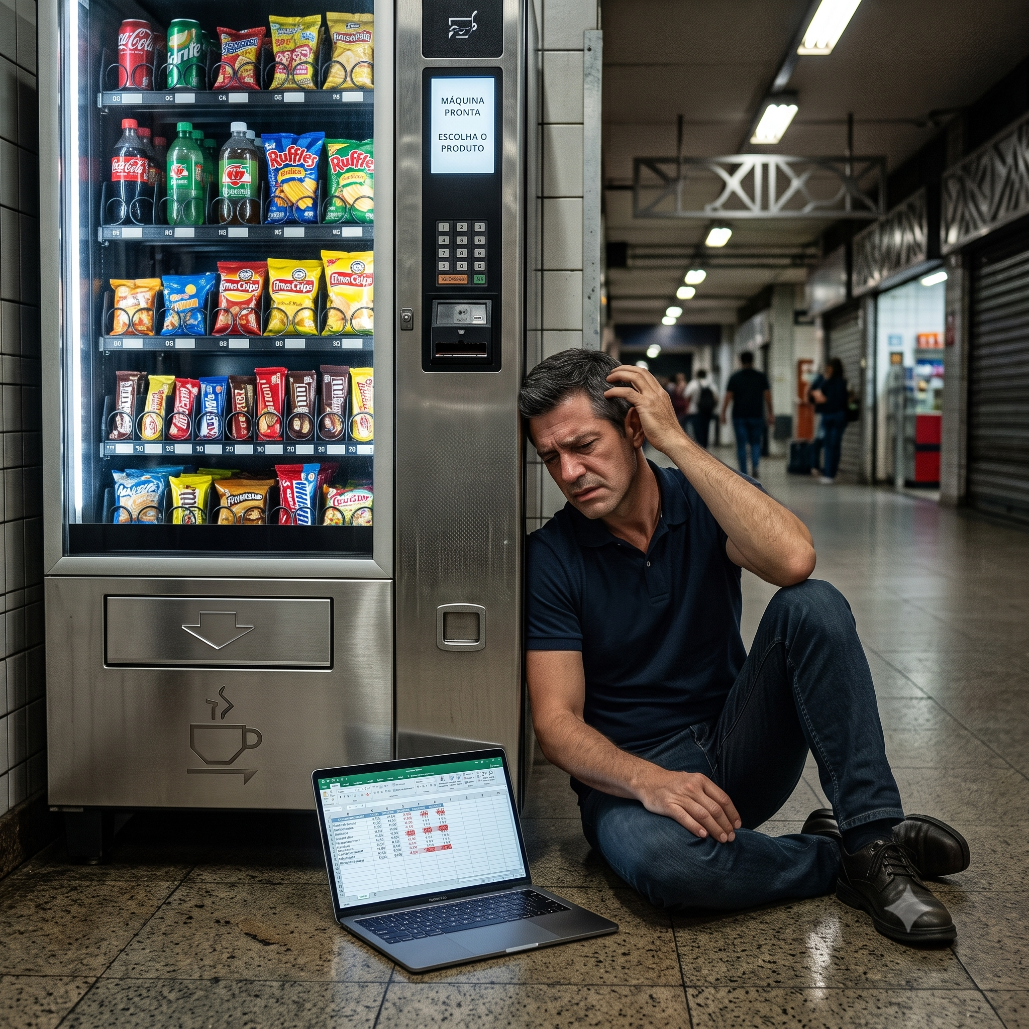 Operador frustrado com vending machine mal posicionada